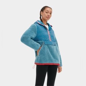 UGG Iggy Faux Fur Hooded Half Zip Pullover Small NWT Mediterranean Blue